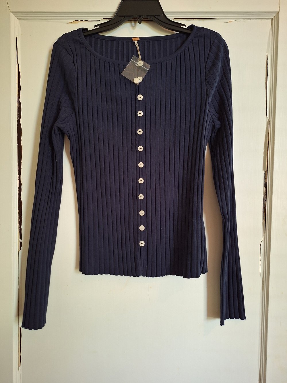 Free People Tilly Navy Ribbed Button-Front Long Sleeve Top/Cardigan Sz L